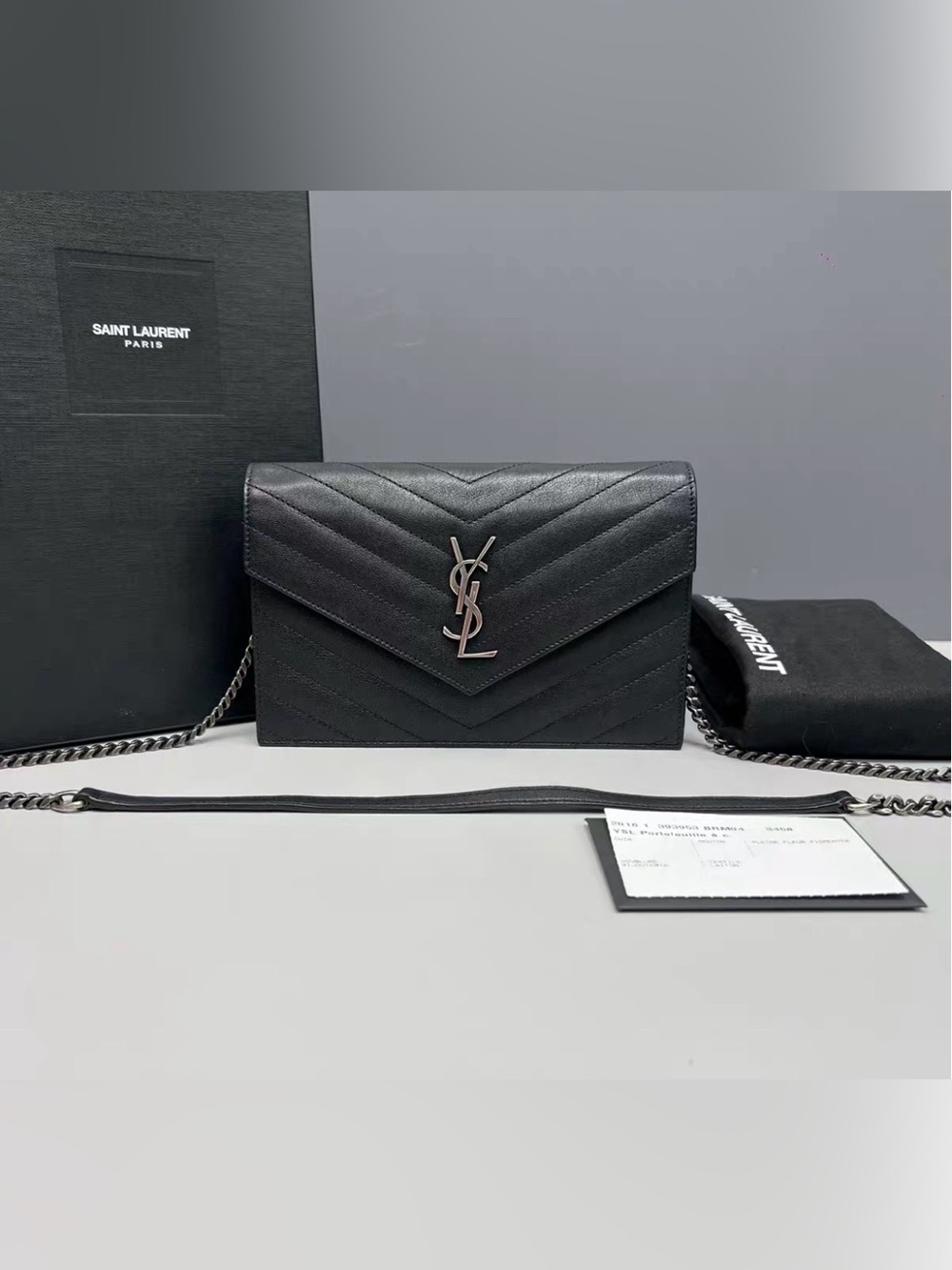 Saint Laurent Black Chevron Quilted Leather Chain Wallet